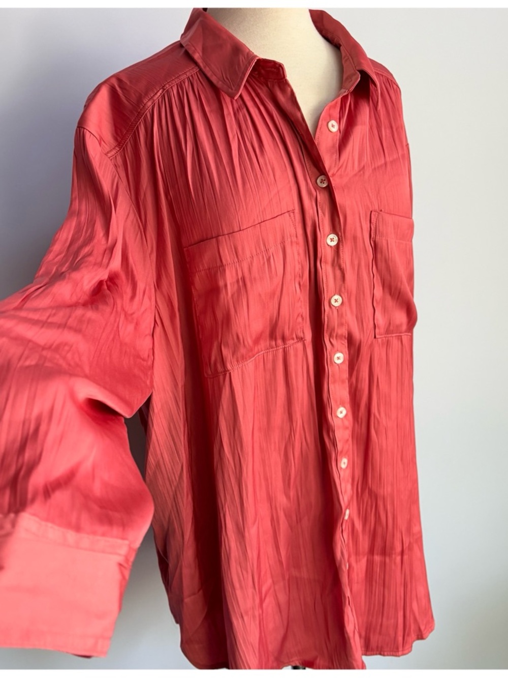 NWT Anthropologie Relaxed Silky Long Sleeve Buttondown Shirt Tunic in Rose 2X